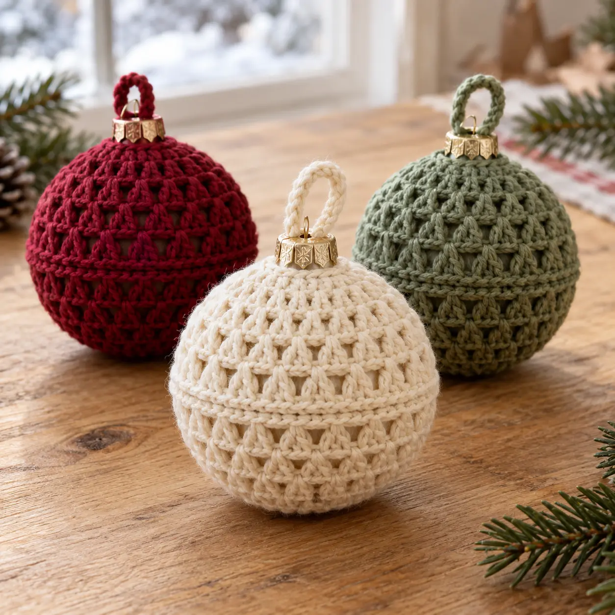 Weihnachtskugel häkeln – fertige umhäkelte Christbaumkugeln in Creme, Rot und Salbeigrün