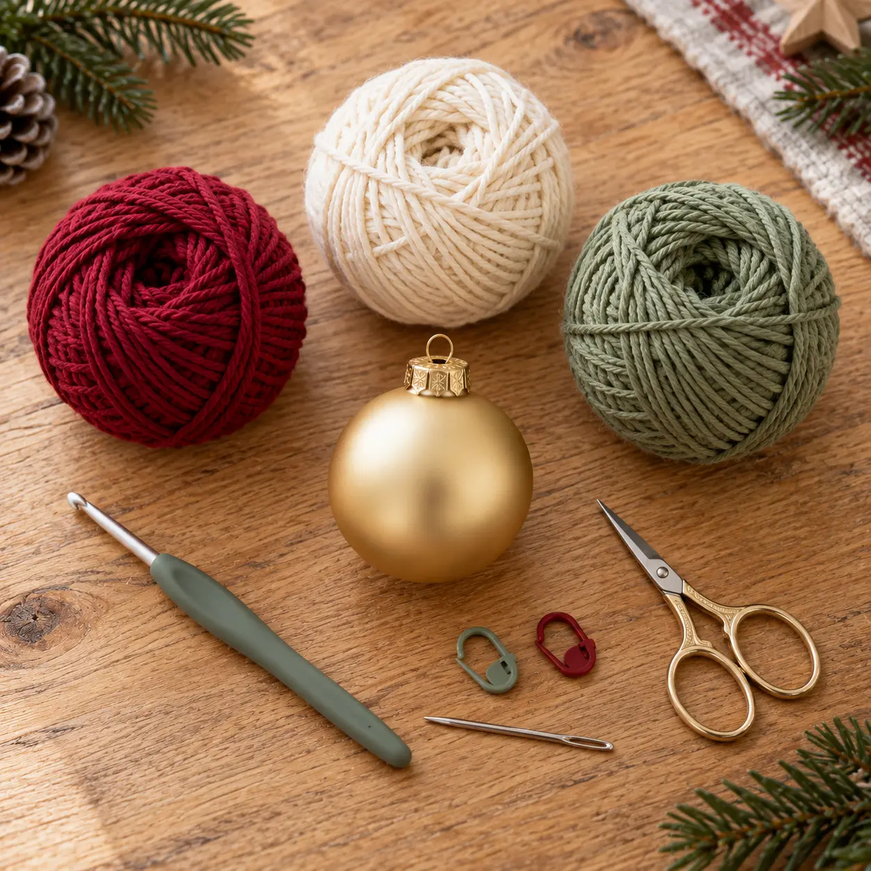 Material zum Weihnachtskugel häkeln mit Baumwollgarn, Häkelnadel und Kunststoffkugel