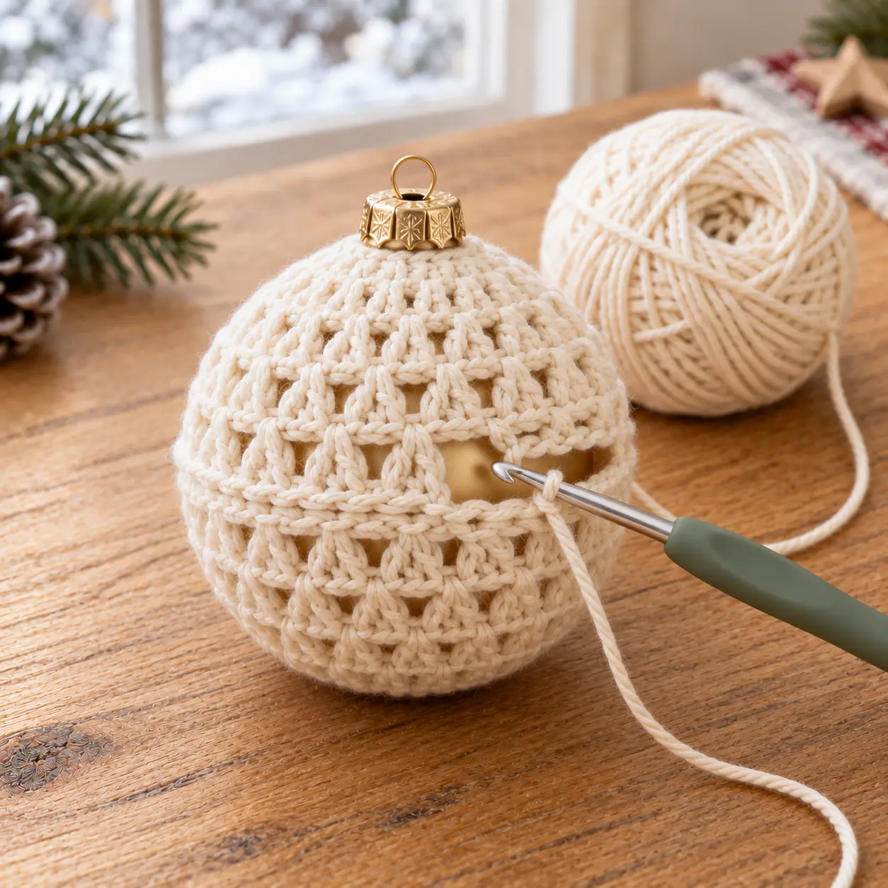 Weihnachtskugel häkeln und beide Hälften mit Kettmaschen um die Kugel verbinden