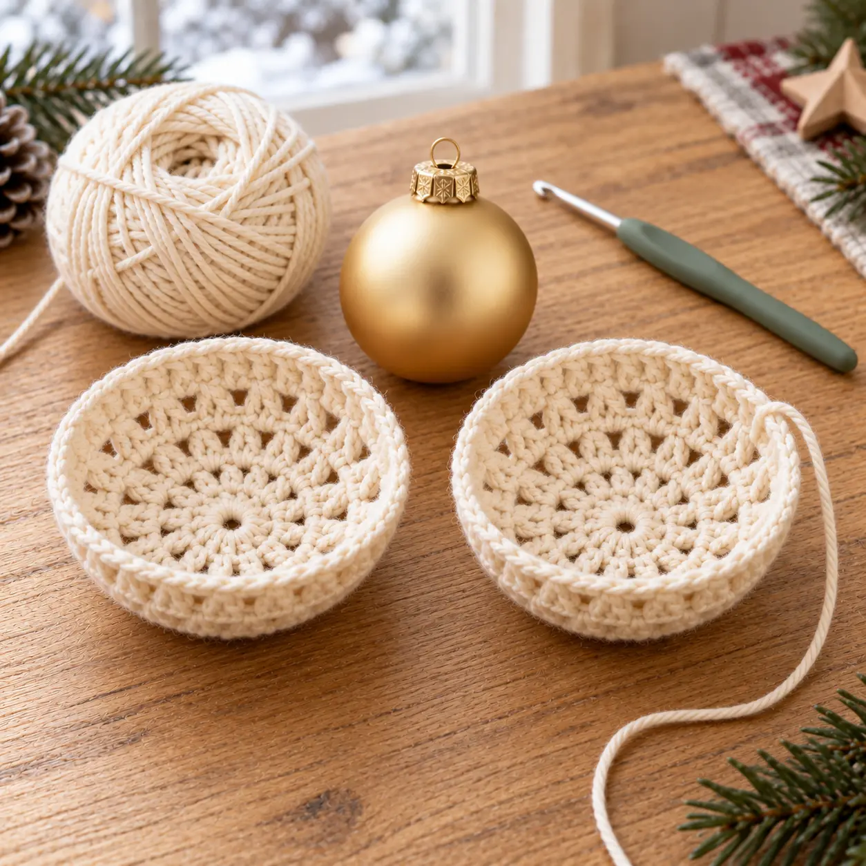Beim Weihnachtskugel häkeln zwei identische Häkelhälften vor dem Zusammensetzen vergleichen