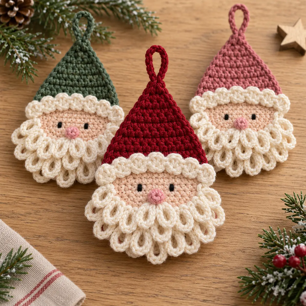 Weihnachtsmann häkeln – fertige flache Weihnachtsmann-Anhänger in Rot, Creme und Altrosa