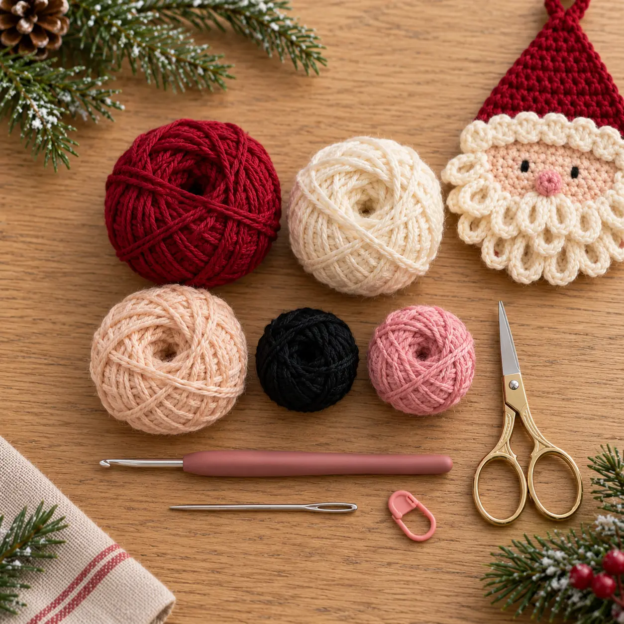 Material zum Weihnachtsmann häkeln mit rotem, cremefarbenem und hautfarbenem Baumwollgarn, Häkelnadel und Wollnadel