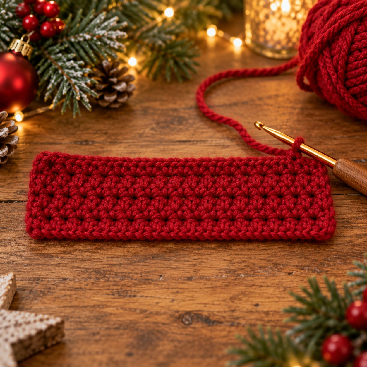 Rotes gehäkeltes Rechteck aus festen Maschen für den Körper einer Weihnachtsschleife