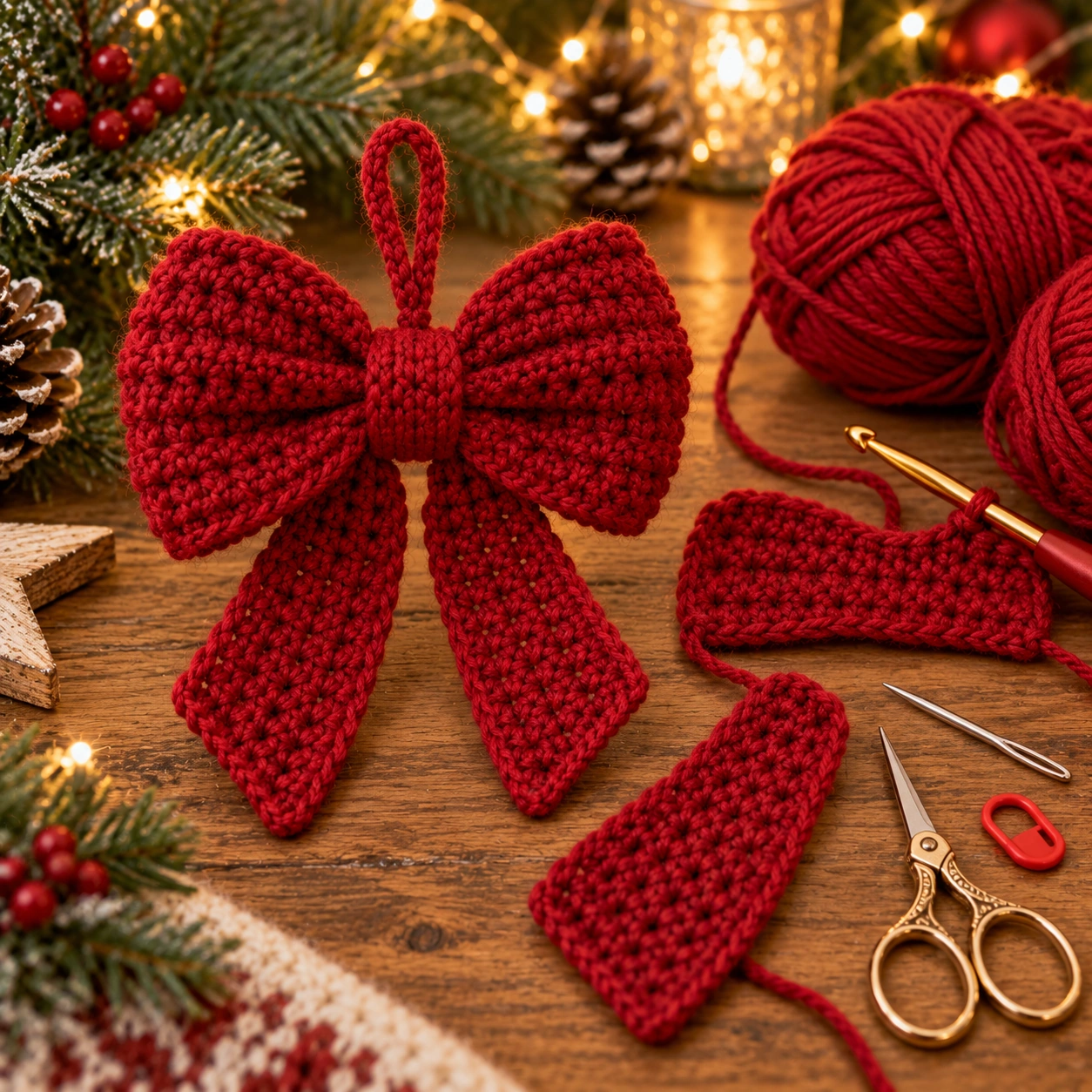 Material zum Weihnachtsschleife häkeln mit rotem Garn, Häkelnadel, Wollnadel und Schere