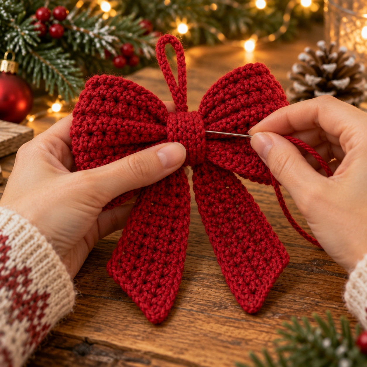 Gehäkelte rote Weihnachtsschleife mit Mittelband und zwei langen Enden zusammensetzen