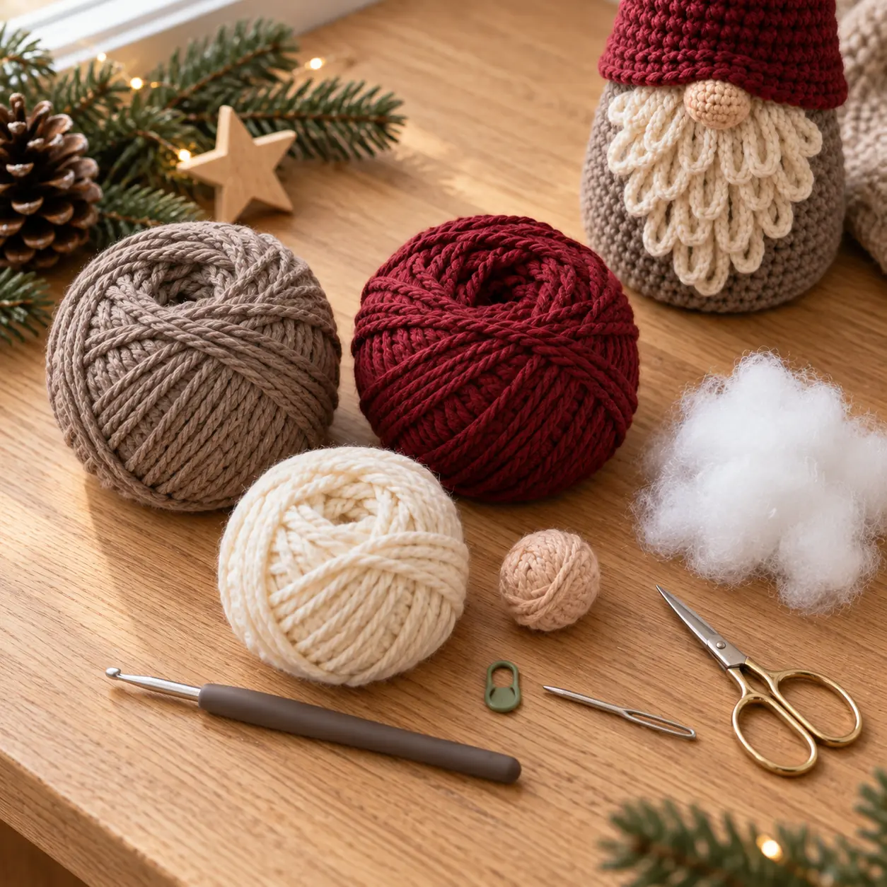 Material zum Wichtel häkeln mit Baumwollgarn, Häkelnadel, Füllwatte, Maschenmarkierer und Wollnadel