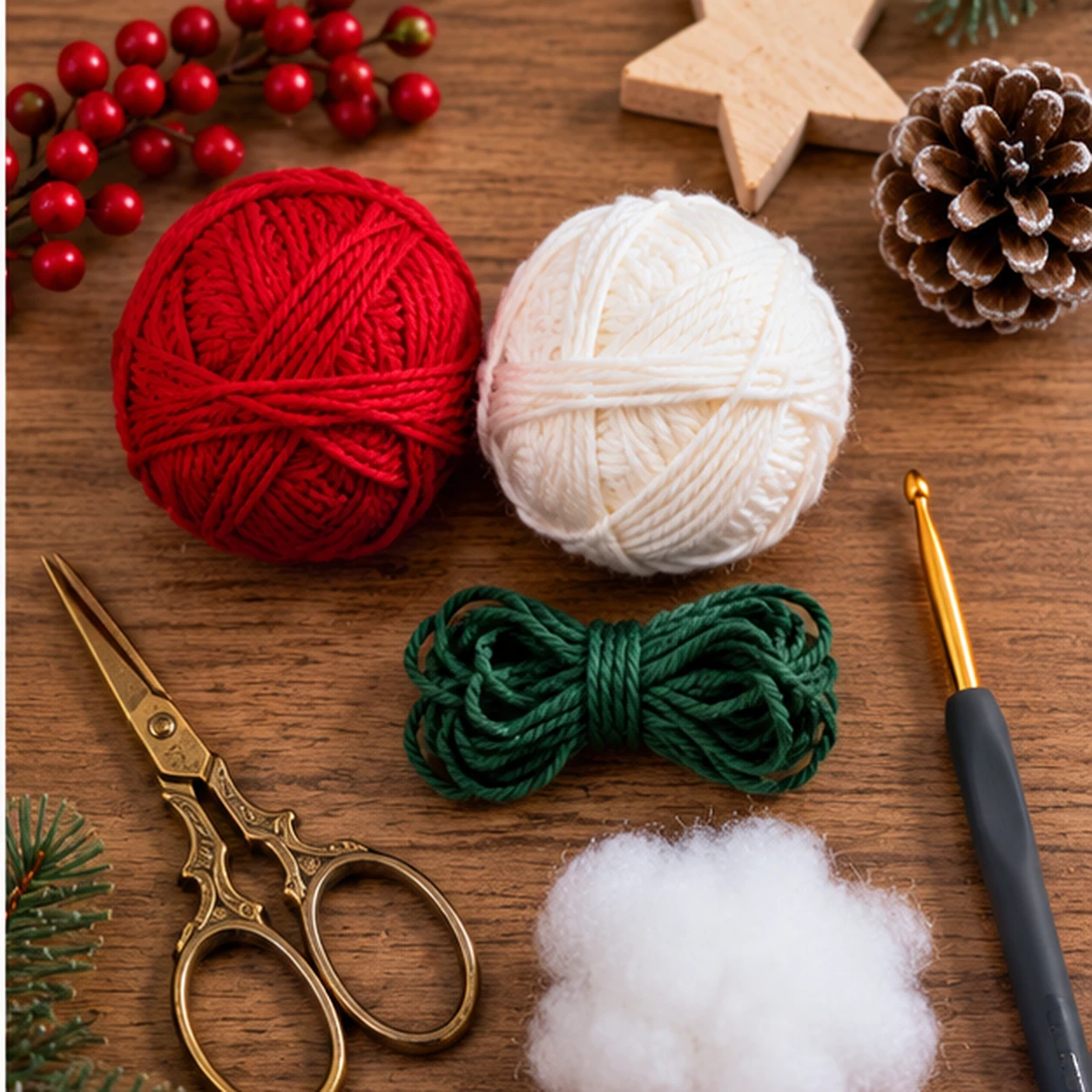 Material zum Zuckerstange häkeln mit rotem und cremefarbenem Garn, Häkelnadel, Schere, Wollnadel und formbarer Einlage