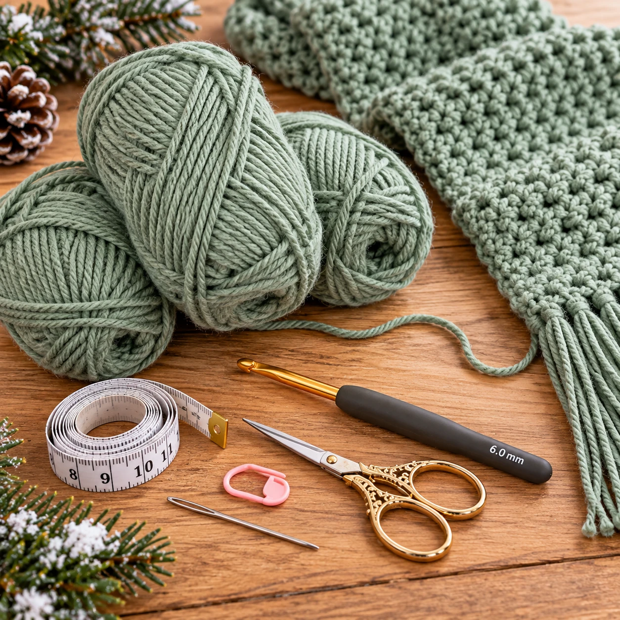 Salbeigrünes weiches Wintergarn, Häkelnadel 6 mm, Maßband, Wollnadel und Schere für einen einfachen Häkelschal