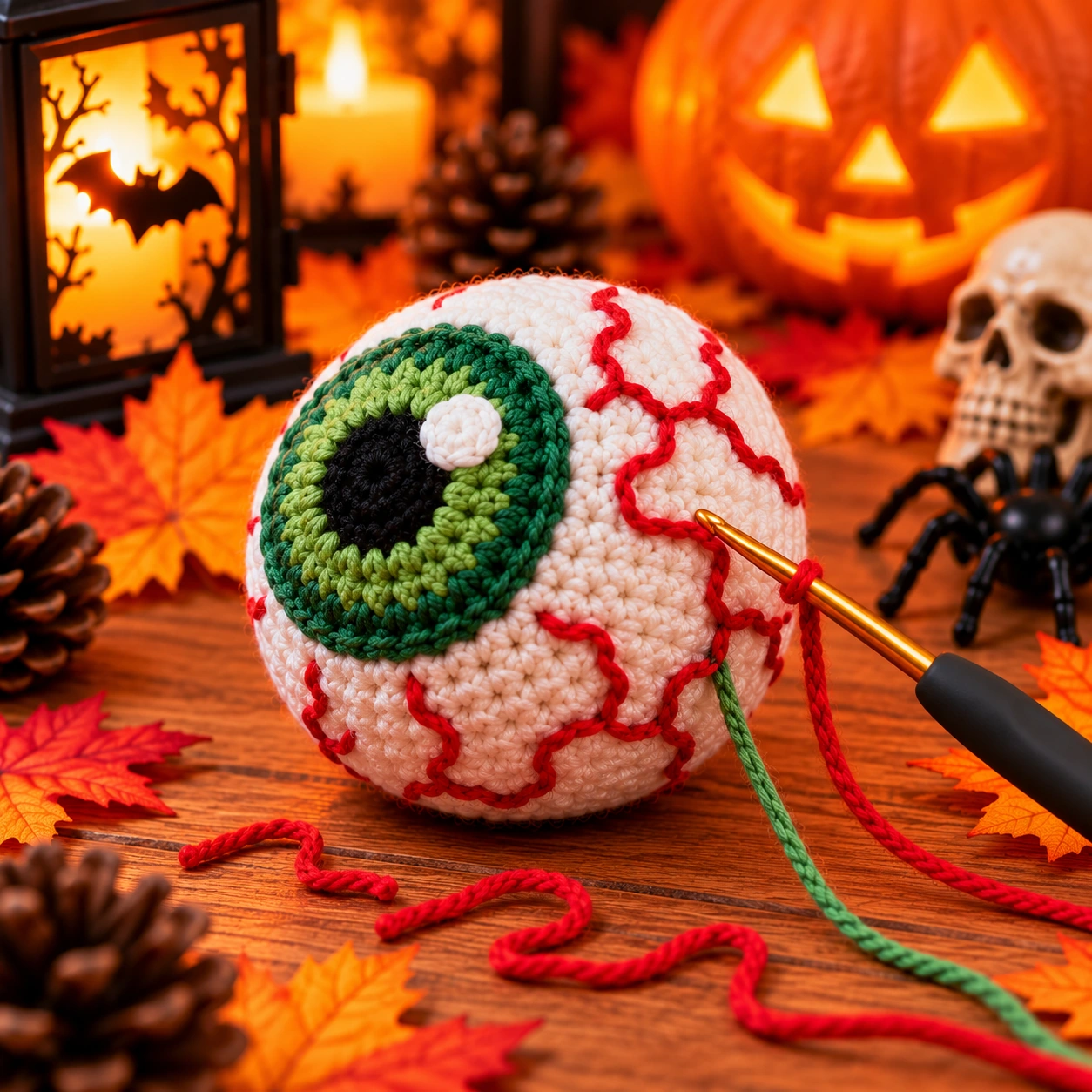 Rote unregelmäßige Adern werden mit einer Wollnadel rund um die grüne Iris eines gehäkelten Halloween-Augapfels gestickt