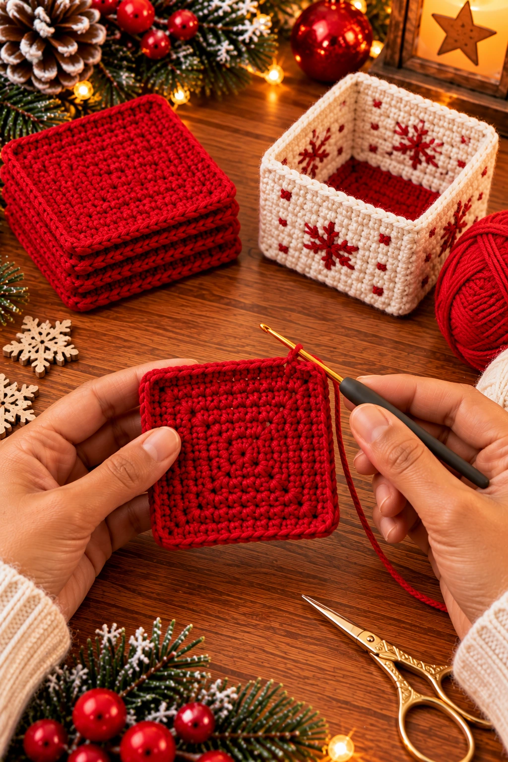Roter quadratischer Häkelboden in Reihen fester Maschen für die Geschenkbox