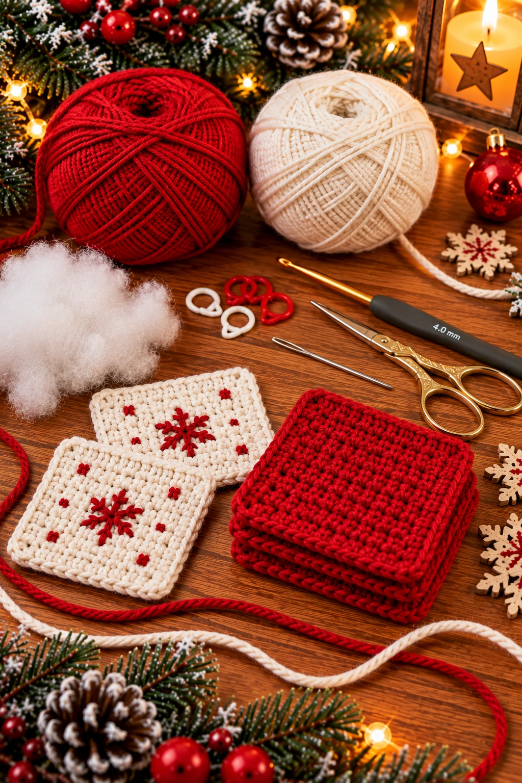 Material für eine gehäkelte Geschenkbox: Baumwollgarn in Rot, Creme und Gold, Häkelnadel, Wollnadel und Schere