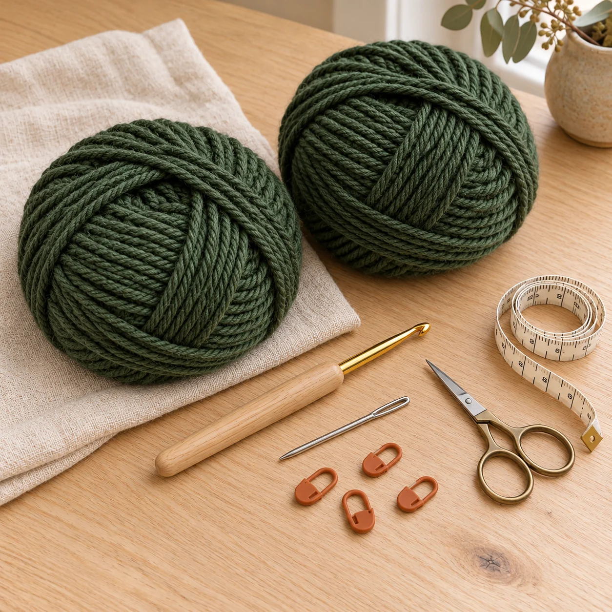 Zwei Knäuel moosgrünes Wollmischgarn mit Häkelnadel, Wollnadel, Schere, Maßband und vier Markierern