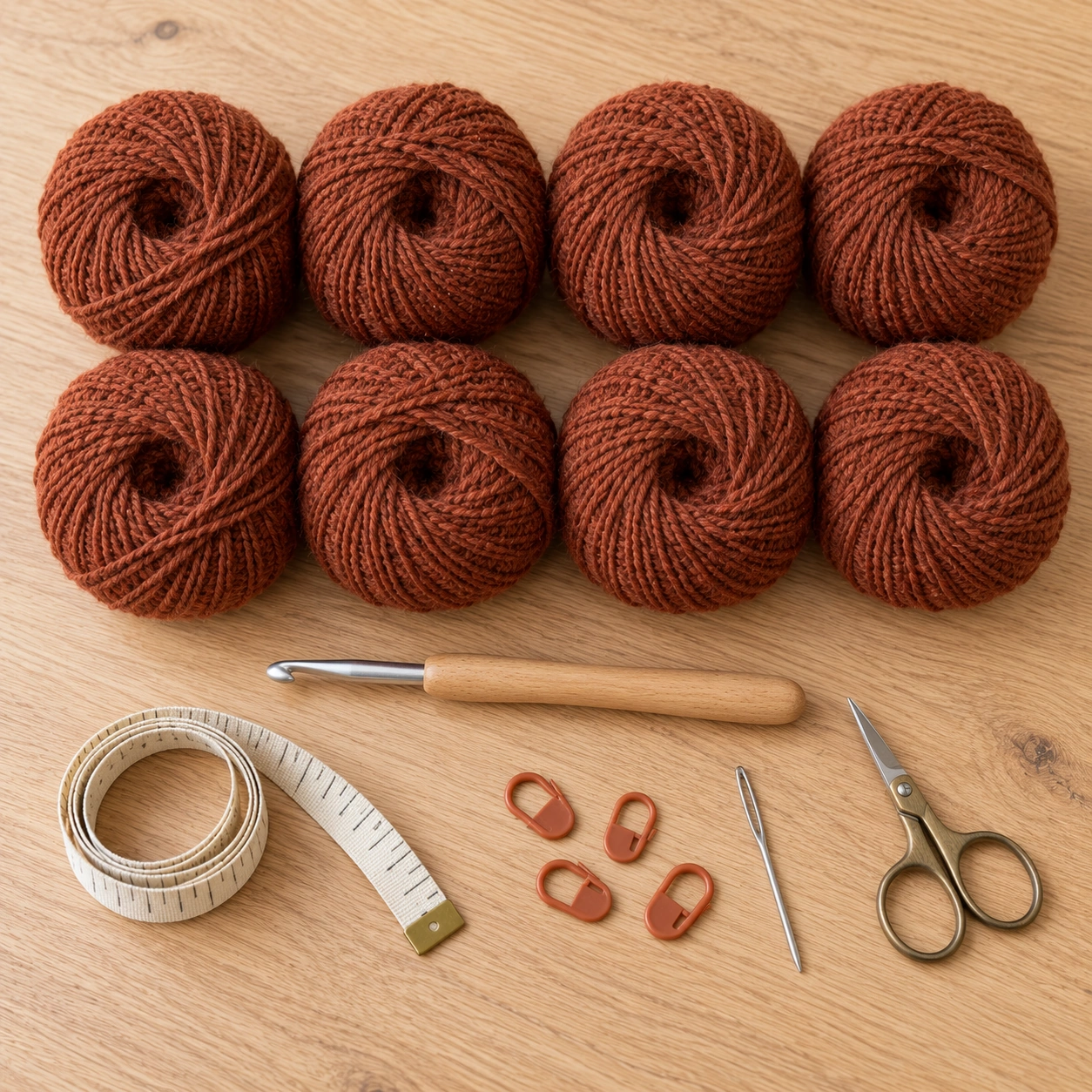 Rostbraunes Wollmischgarn mit Häkelnadel, Maßband, Wollnadel, Schere und Maschenmarkierern