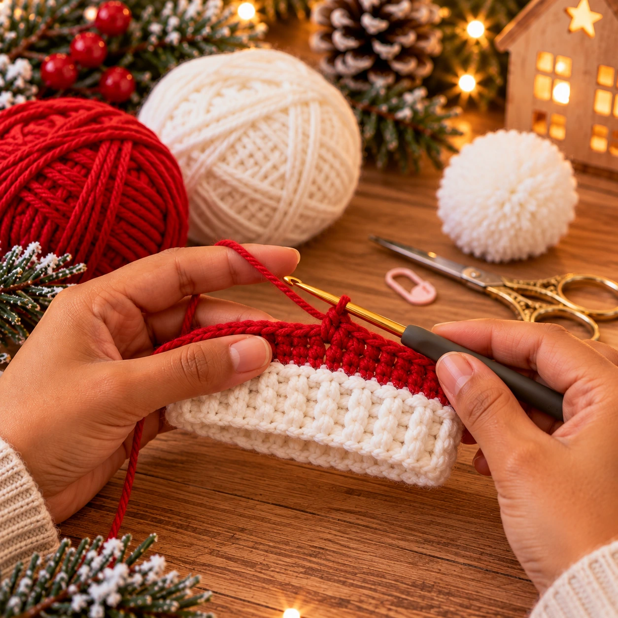 Hände häkeln einen weißen Bündchenstreifen für eine kleine Nikolausmütze und beginnen die roten Reihen
