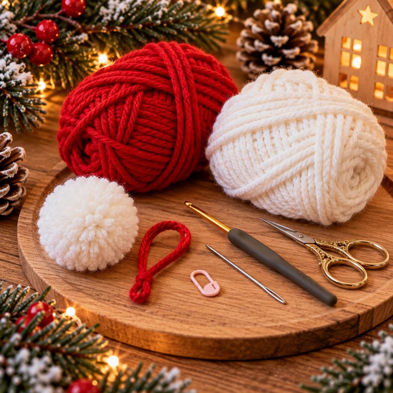 Rotes und weißes Garn, weiße Bommel, Häkelnadel, Wollnadel und Schere für eine gehäkelte Mini-Nikolausmütze