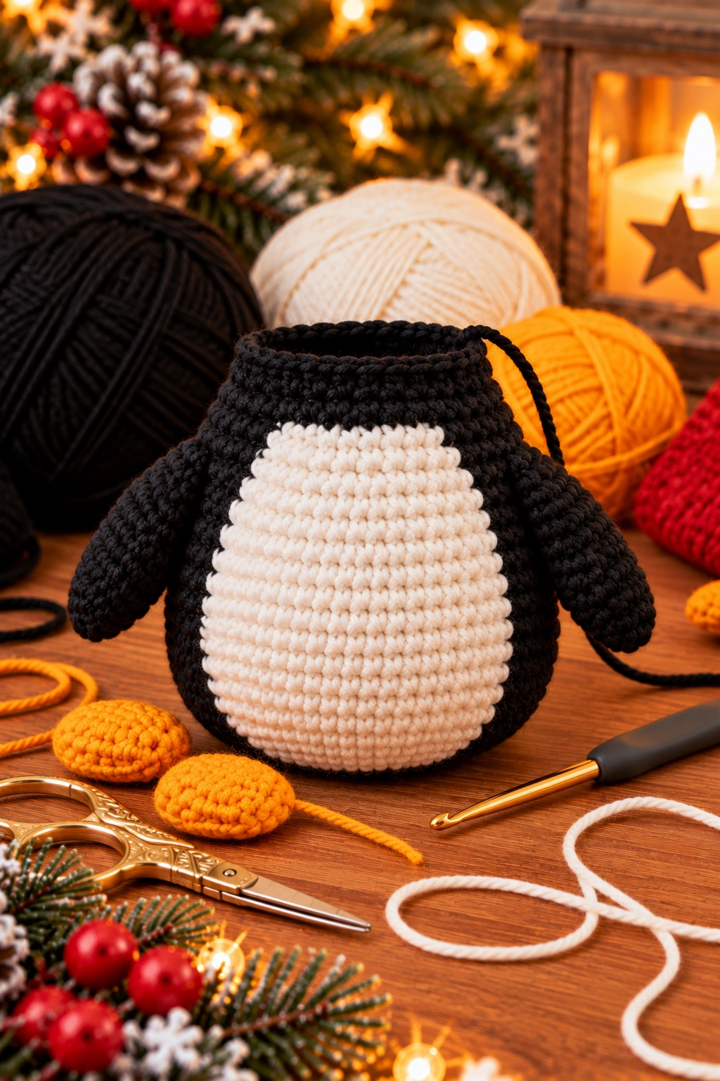 Cremefarbener gehäkelter Bauch und zwei schwarze Flügel neben einem Pinguinkörper