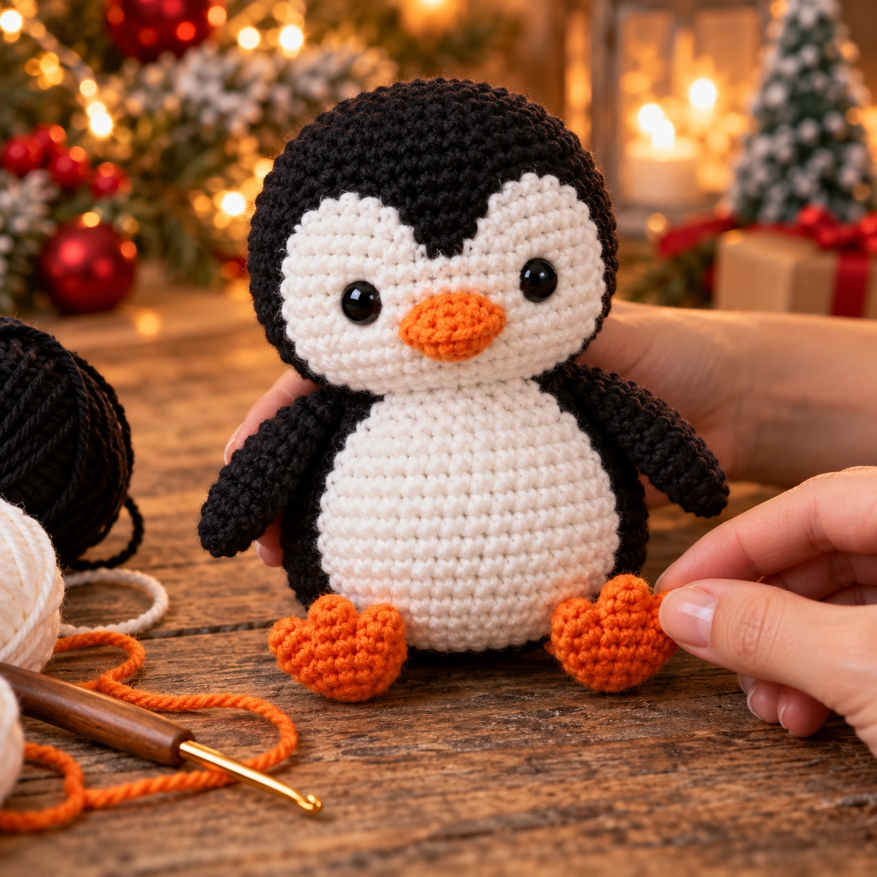 Pinguin aus Häkelgarn mit weißen Augen, orangefarbenem Schnabel und Füßen beim Zusammensetzen
