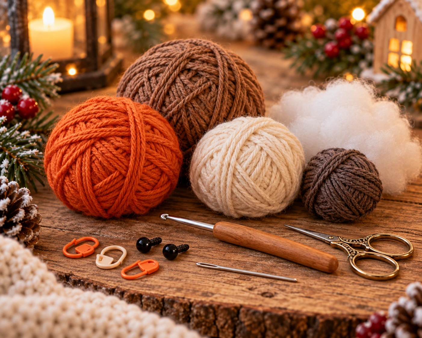 Braunes, orangefarbenes, cremefarbenes und ockerfarbenes Garn mit Häkelnadel, Füllwatte und Schere