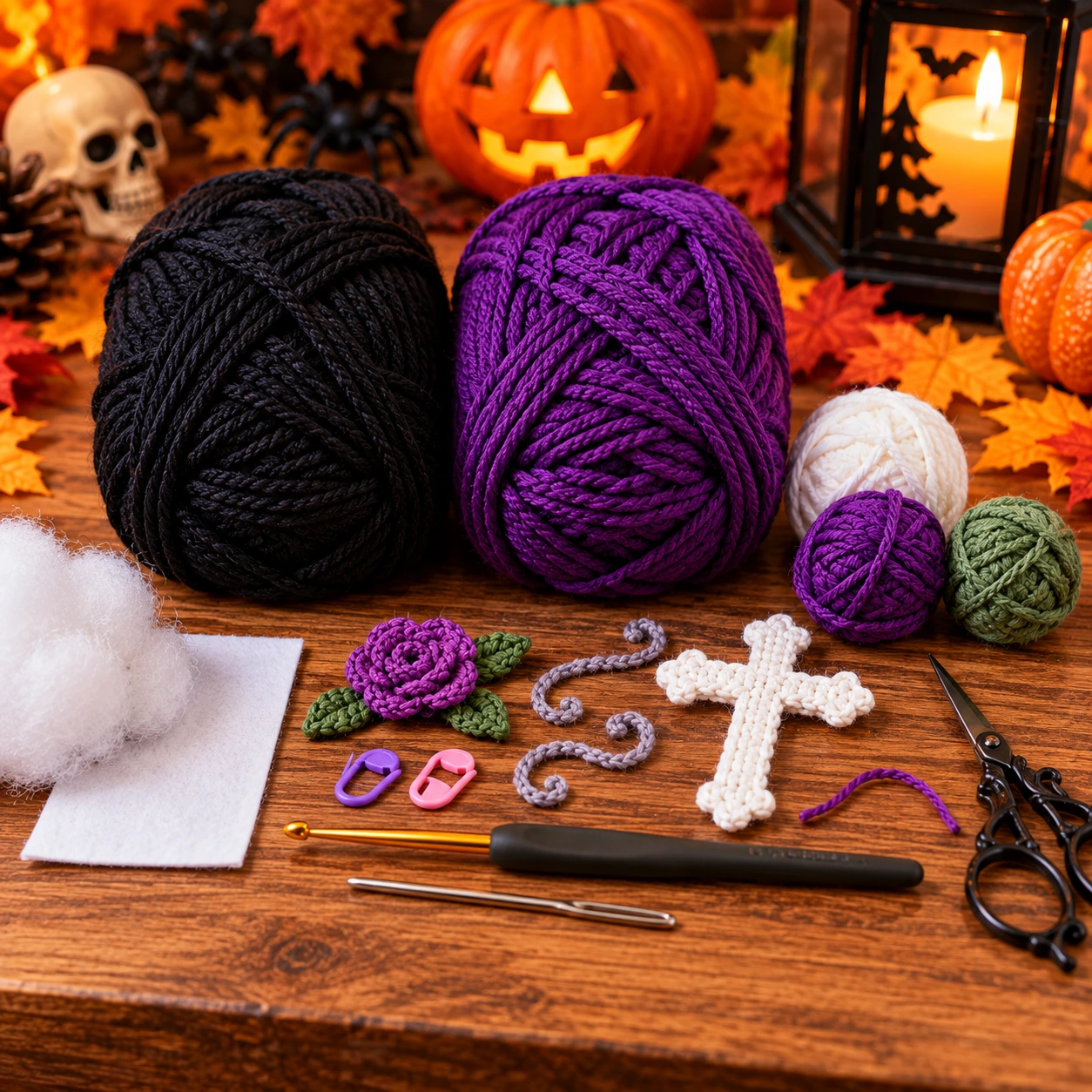 Material zum Sarg häkeln mit schwarzem und dunkelrotem Garn, Häkelnadel, Schere, Wollnadel und Maschenmarkierern