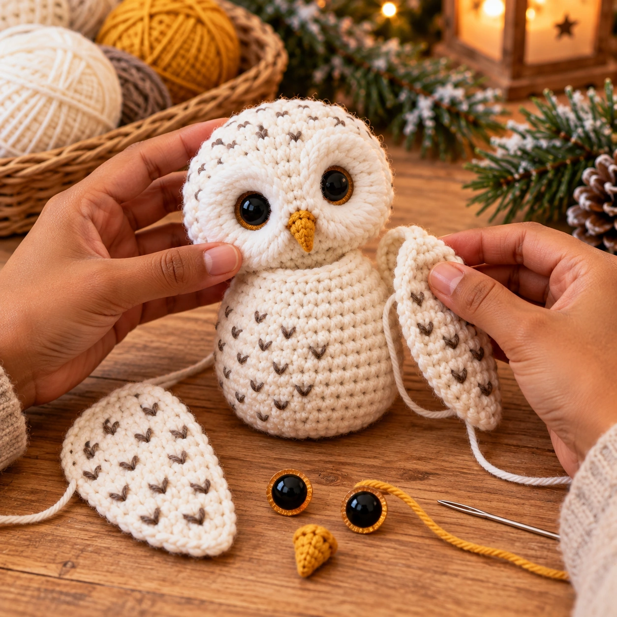 Cremeweiße gehäkelte Schneeeule mit angenähten beigen Gesichtskreisen und zwei gefalteten Flügeln, noch ohne Schnabel und Füße