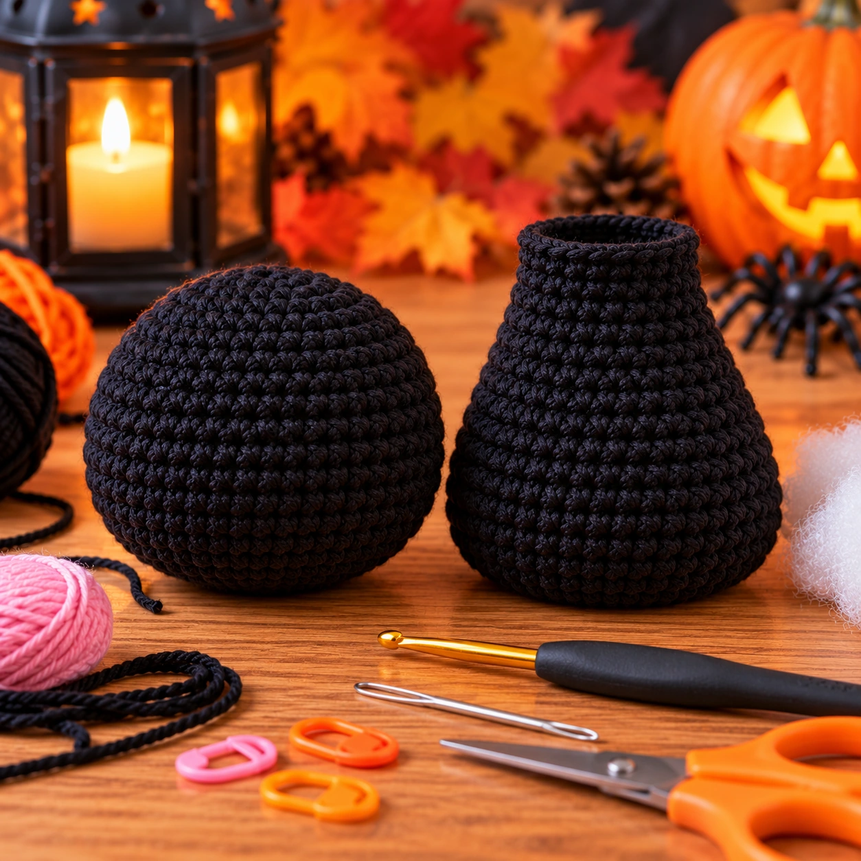 Schwarzen Kopf und Körper einer kleinen gehäkelten Halloween-Katze in Spiralrunden arbeiten