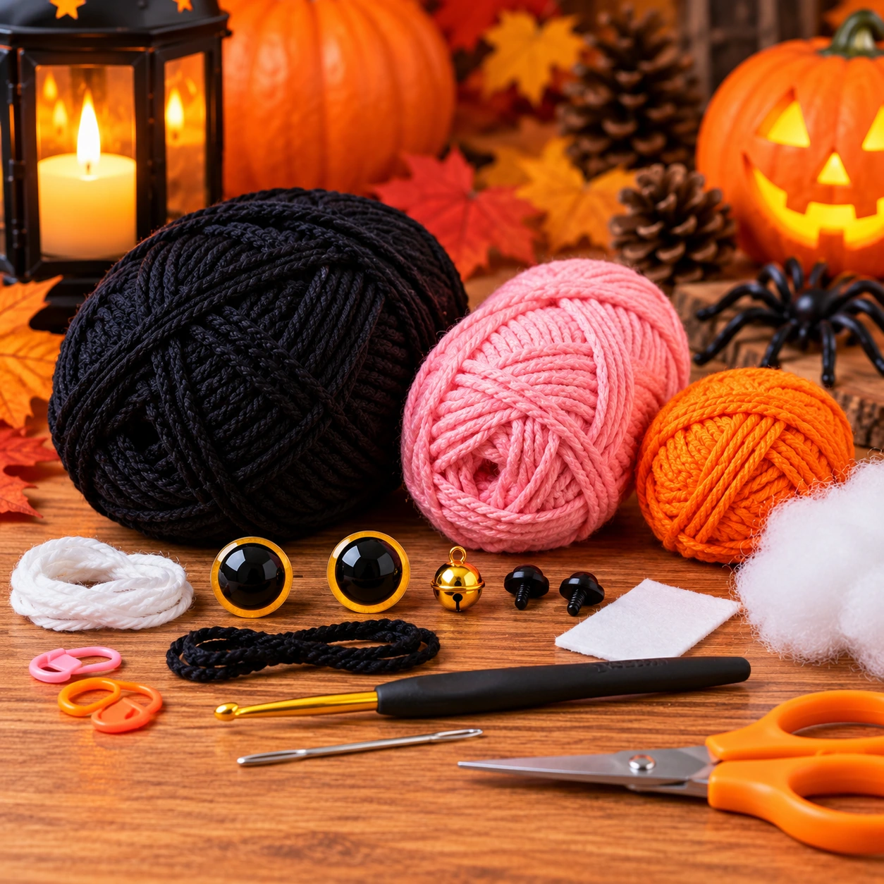 Material zum schwarze Katze häkeln mit schwarzem und orangefarbenem Garn, Häkelnadel, Füllwatte, Wollnadel und Schere