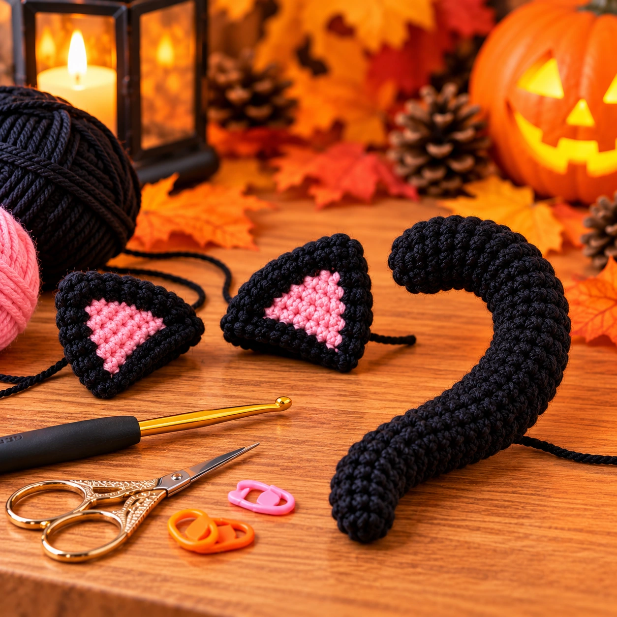 Zwei spitze schwarze Häkelohren und einen langen schmalen Schwanz für eine Halloween-Katze anfertigen