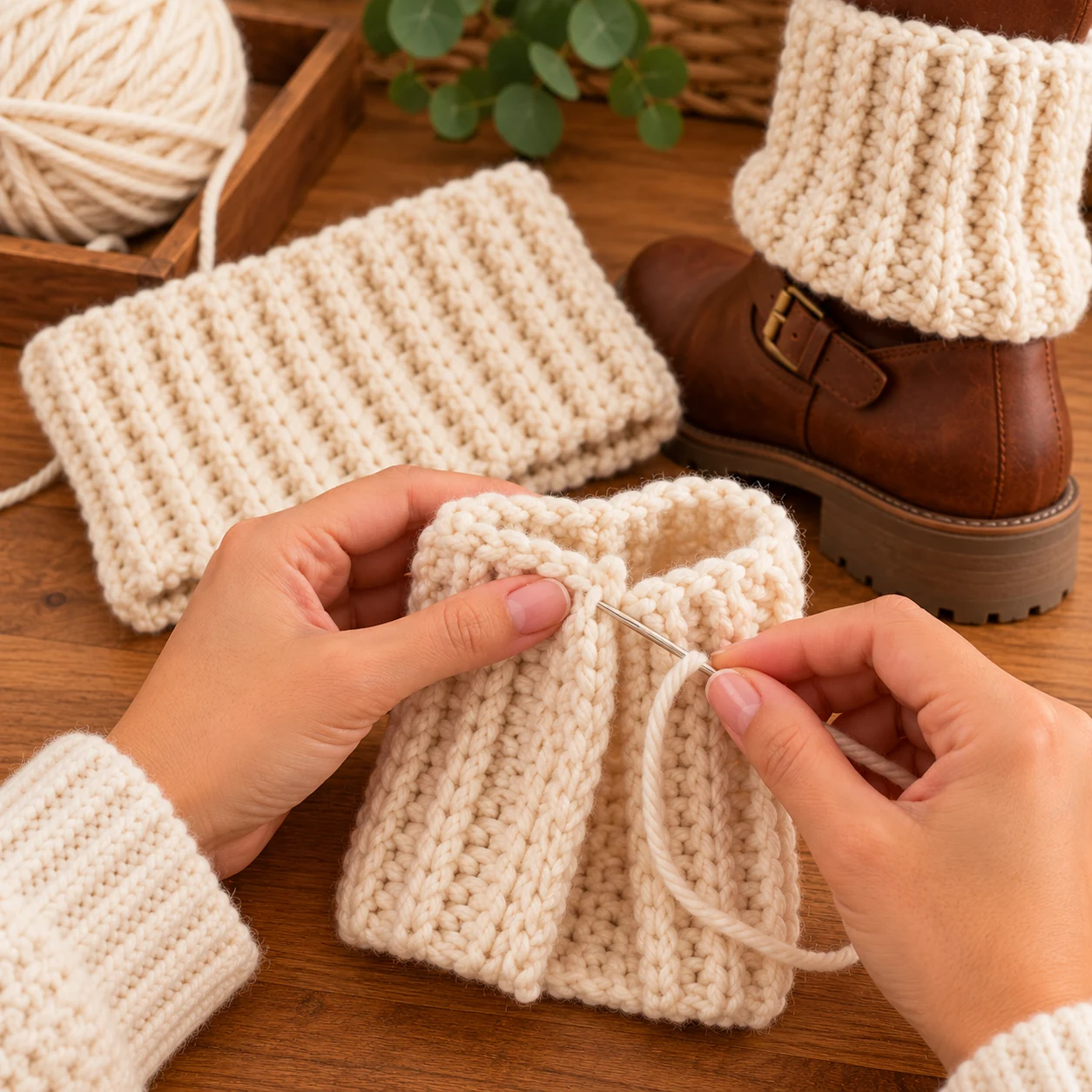 Hände verbinden die kurzen Kanten einer cremefarbenen gehäkelten Stiefelstulpe mit der Wollnadel, daneben ein fertiger Ring und Winterstiefel