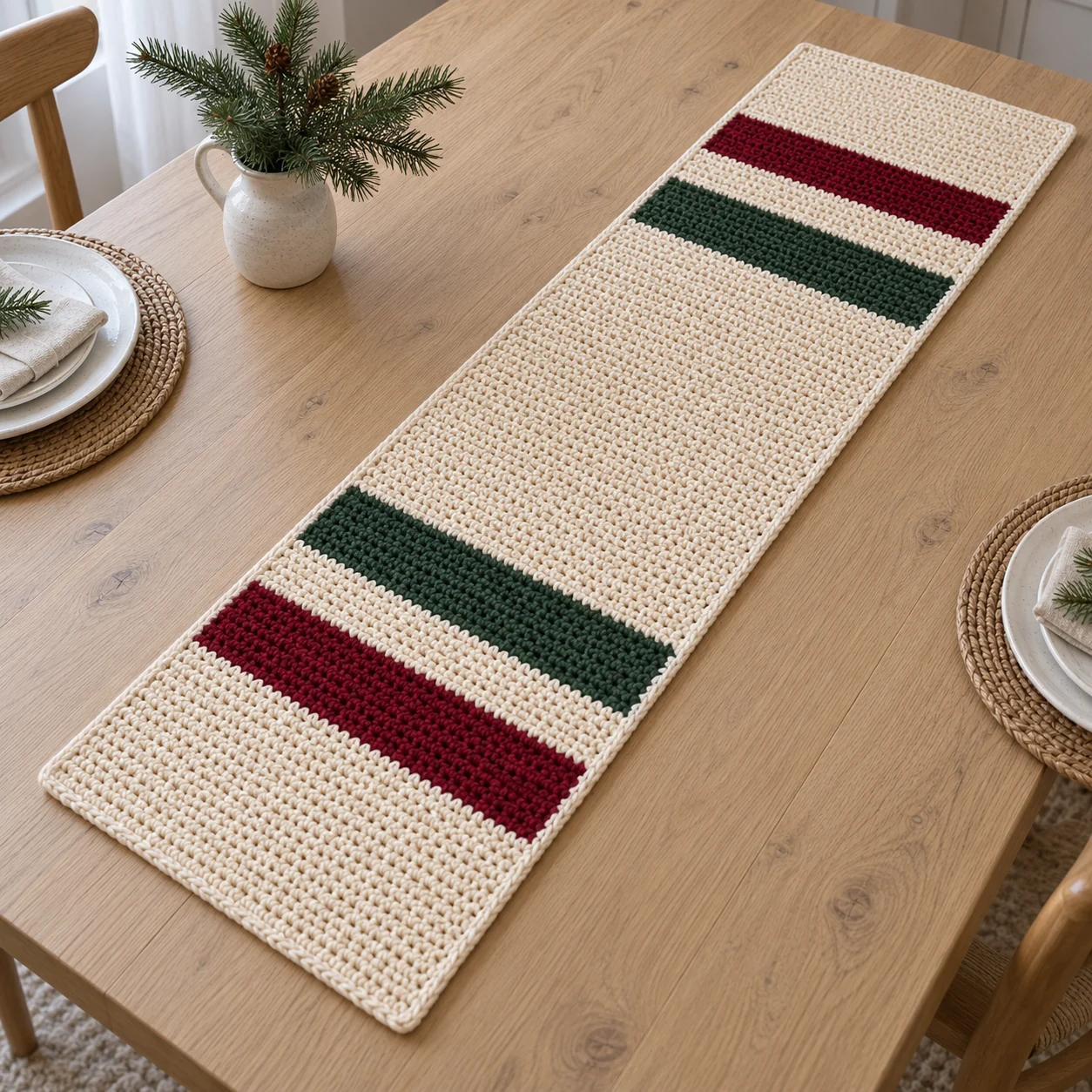 Cremefarbener gehäkelter Tischläufer mit je zwei bordeauxroten und grünen Querstreifen auf einem Holztisch