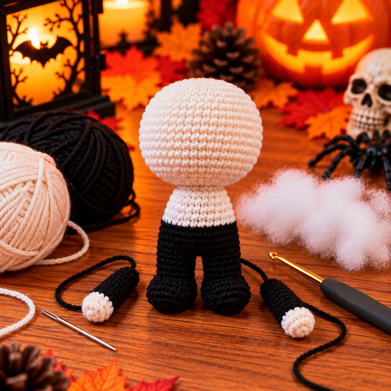 Kopf und schwarzer Körper eines kleinen gehäkelten Halloween-Vampirs werden in Spiralrunden gearbeitet