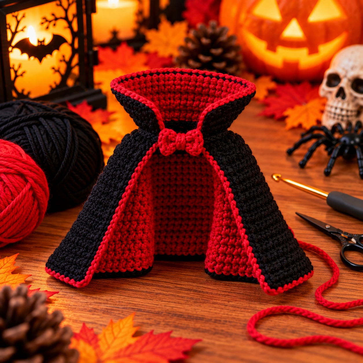 Roter gehäkelter Vampir-Umhang und schwarze flache Haarpartie liegen neben der Amigurumi-Figur