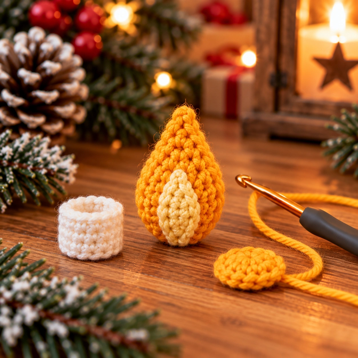 Goldgelbe gehäkelte Tropfenflamme wird mittig auf eine rot-weiße Weihnachtskerze mit cremefarbenem Wachsrand genäht