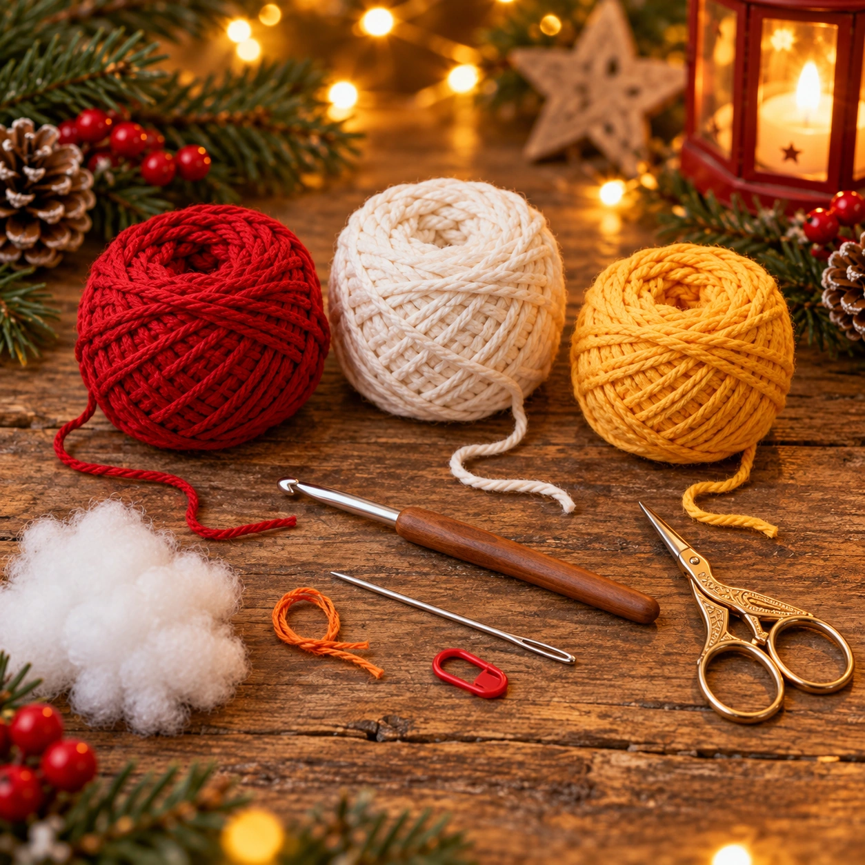 Material für eine Weihnachtskerze aus rotem, weißem und goldgelbem Häkelgarn, Häkelnadel, Wollnadel, Füllwatte und Schere