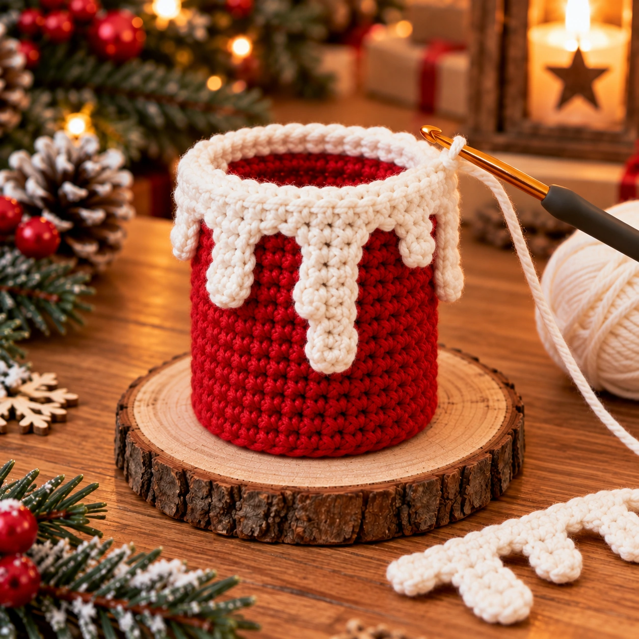 Rote gehäkelte Weihnachtskerze mit separater cremefarbener oberer Wachsfläche und unterschiedlich langen weißen Wachstropfen an der Seite