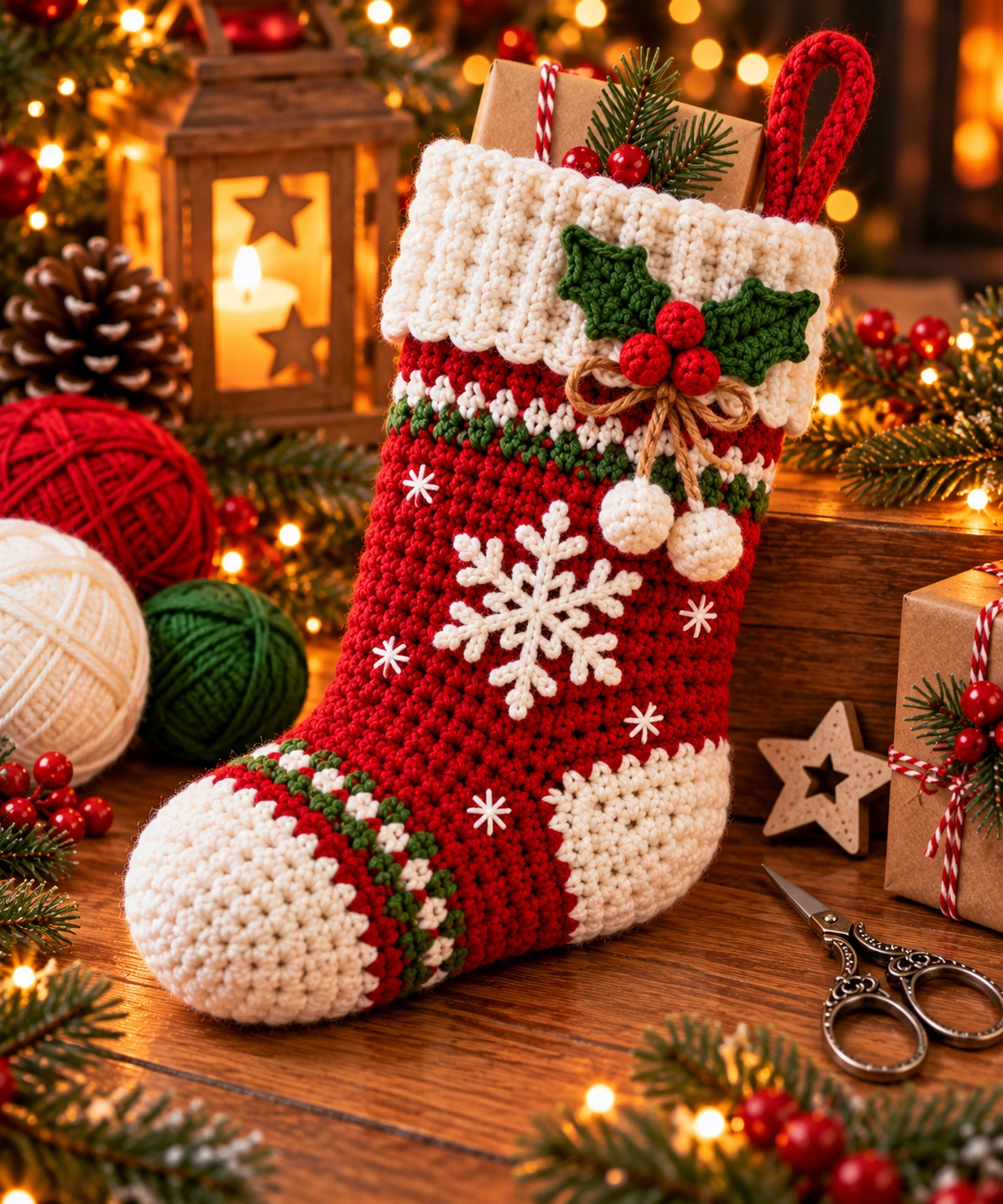 Weißes Bündchen und gehäkelte Aufhängeschlaufe an einem roten Weihnachtsstrumpf