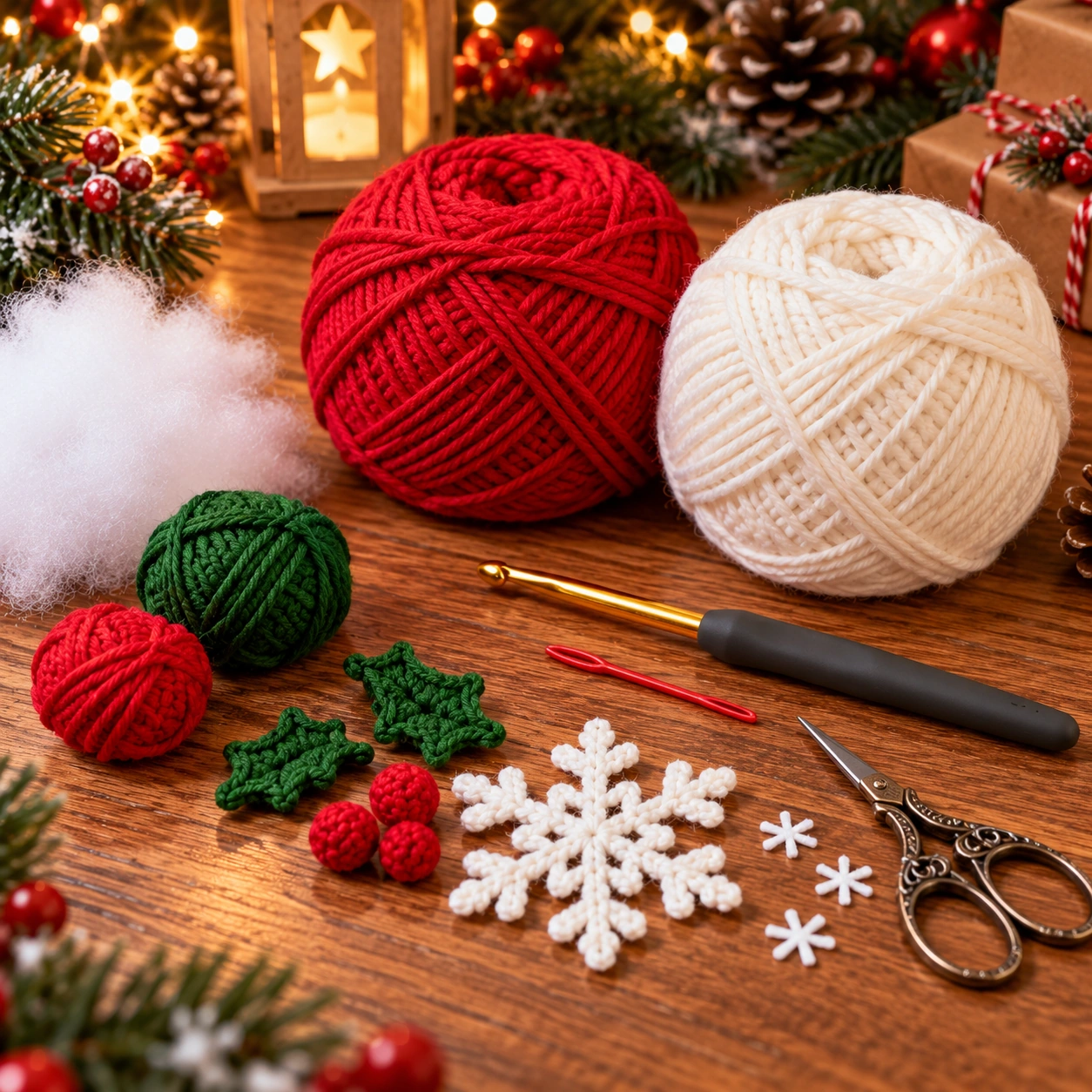 Material zum Weihnachtsstrumpf häkeln mit rotem und weißem Garn, Häkelnadel, Maschenmarkierer, Wollnadel und Schere