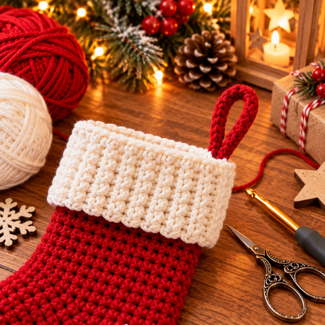 Roter gehäkelter Weihnachtsstrumpf mit geformter Ferse und wachsendem Schaft