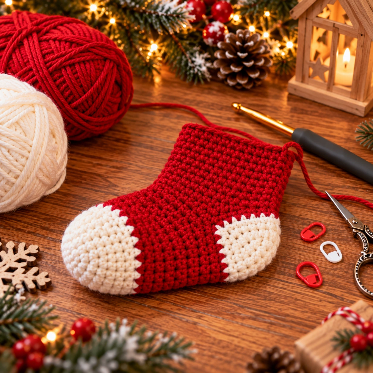 Rote gehäkelte Spitze und Fuß eines kleinen Weihnachtsstrumpfs in Spiralrunden