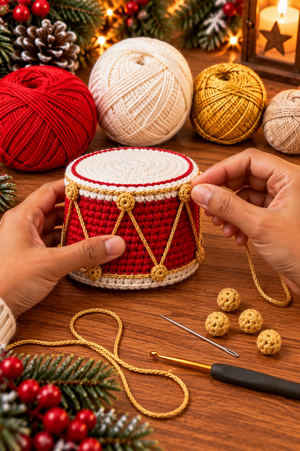 Kleine Weihnachtstrommel mit goldenen diagonalen Spannfäden und Aufhängeschlaufe